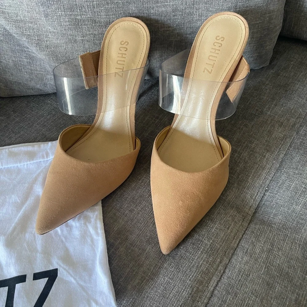 SCHUTZ Beige Mules Suade pumps sandals with clear Strap size 8 - Picture 2 of 9